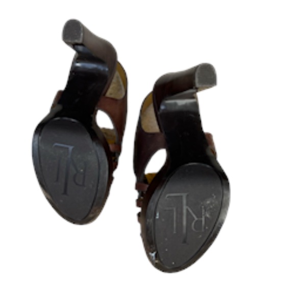 RALPH LAUREN SHAINA Brown
Gold Leather Strappy Heeled Sandals Pumps Size 7B - Picture 5 of 8